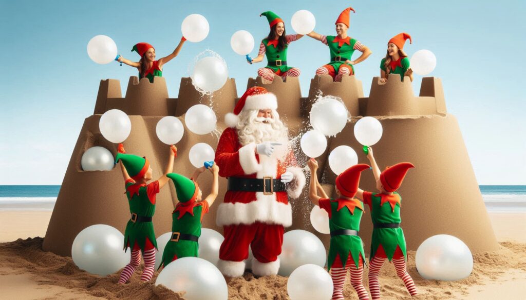 Santa and his Elves are at the beach having a water balloon fight