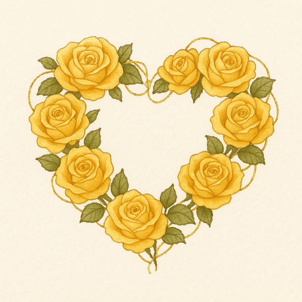 heart-shaped wreath comprised of yellow roses both for remembrance and a welcome to our heavenly home - acts as button for download