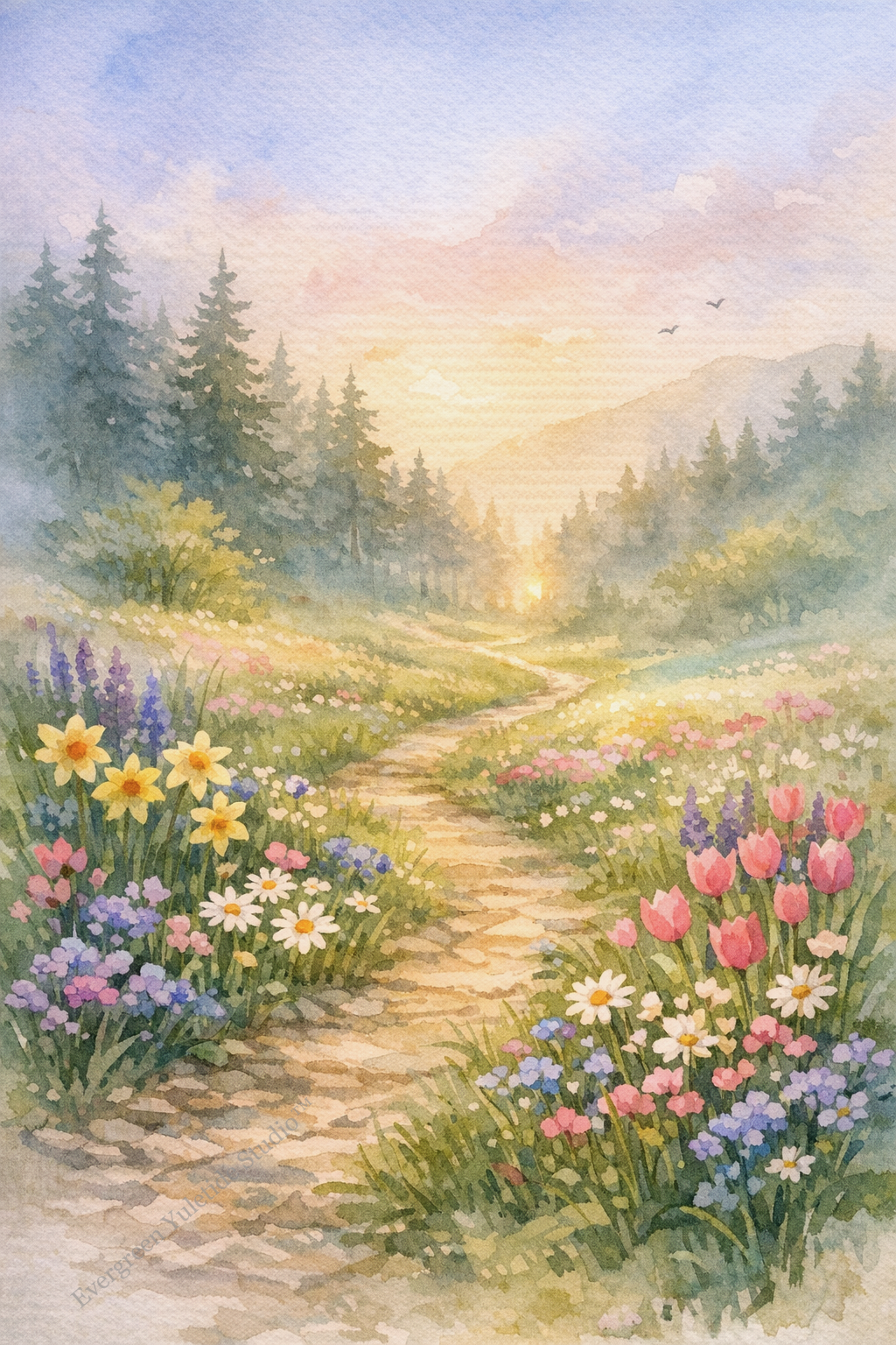 A gentle watercolor landscape showing a flower-lined path leading into Evergreen Valley at sunrise.