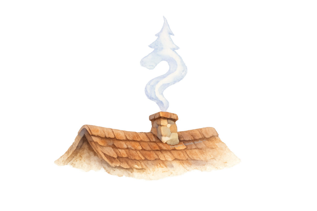 Storybook style cabin roof with a chimney. White smoke curls out in the shape of a question mark that twists into the abstract shape of an Evergreen tree.