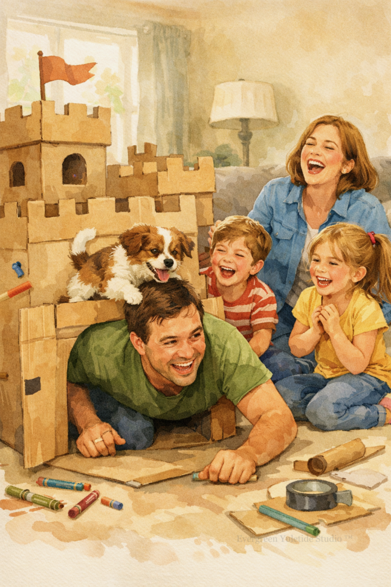 A soft watercolor illustration of a family building a cardboard box castle together. The father is playfully crawling through a cut-out doorway while the family dog jumps onto his back. Two children laugh with wild delight, and the mother is doubled over with laughter beside them. The scene is warm, joyful, and full of movement, capturing a moment of shared imagination and connection.
