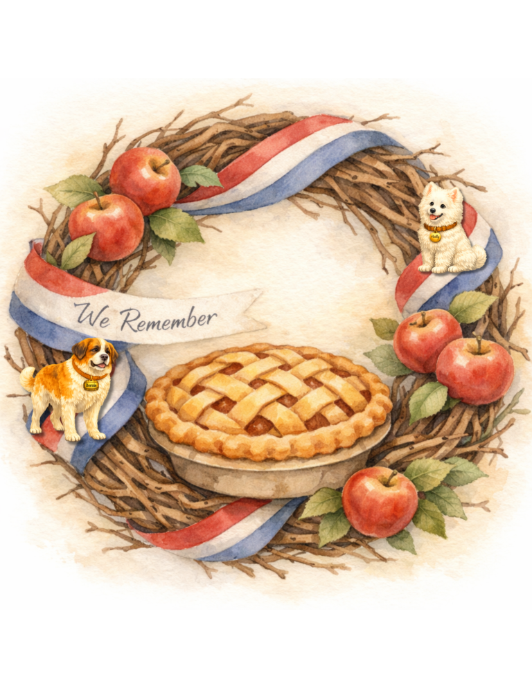 All American apple pie nestled within a twisted twig wreath decorated with real red apples and a woven red, white and blue ribbon. The words "We Remember" are written at one end of the ribbon. Uncle Bernie, the Saint Bernard dog and Holly, the Samoyed puppy from Evergreen Valley are located in a lower and upper quadrant of the wreath.