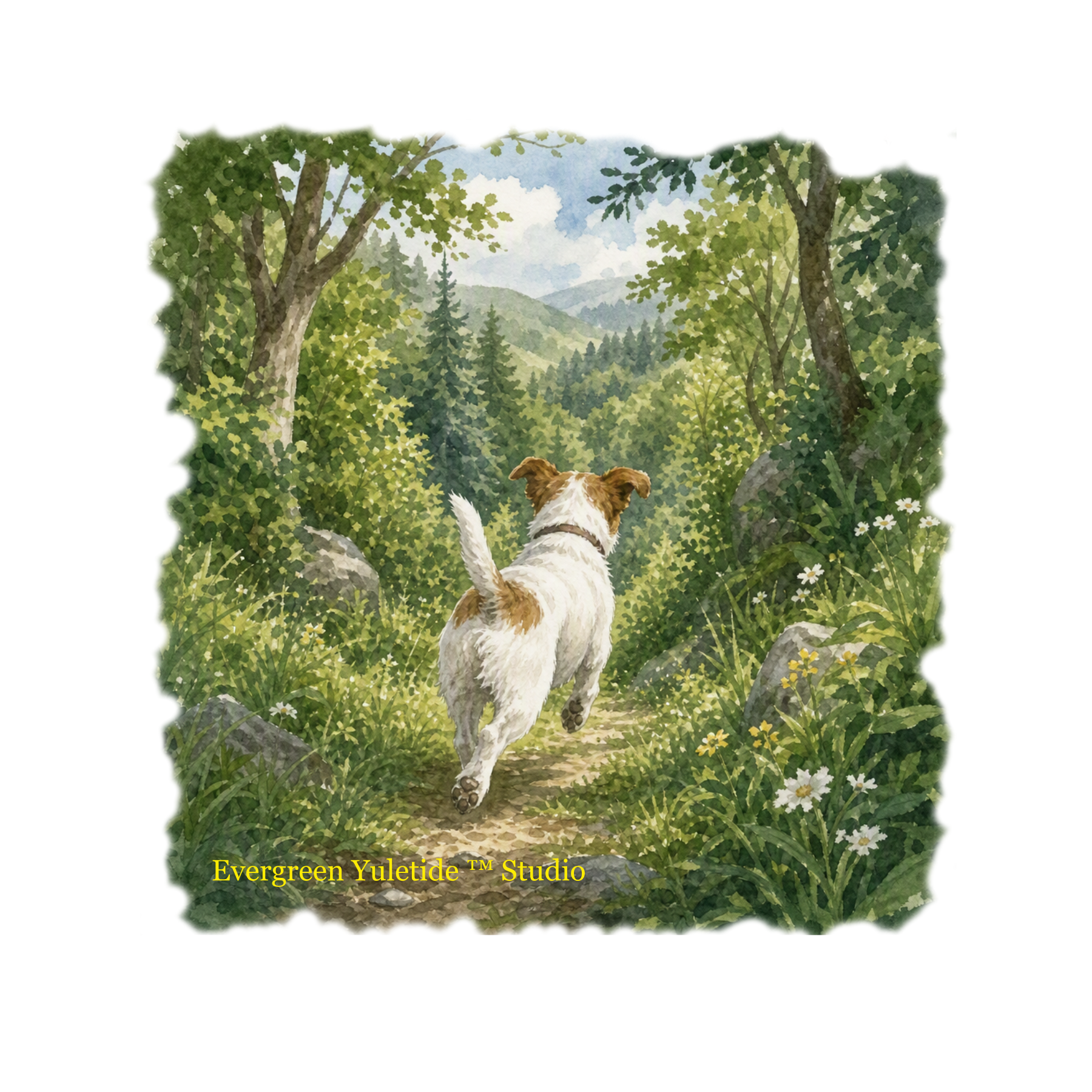 Watercolor illustration of Marty, a Jack Russell terrier, running along a hidden forest trail in Evergreen Valley.