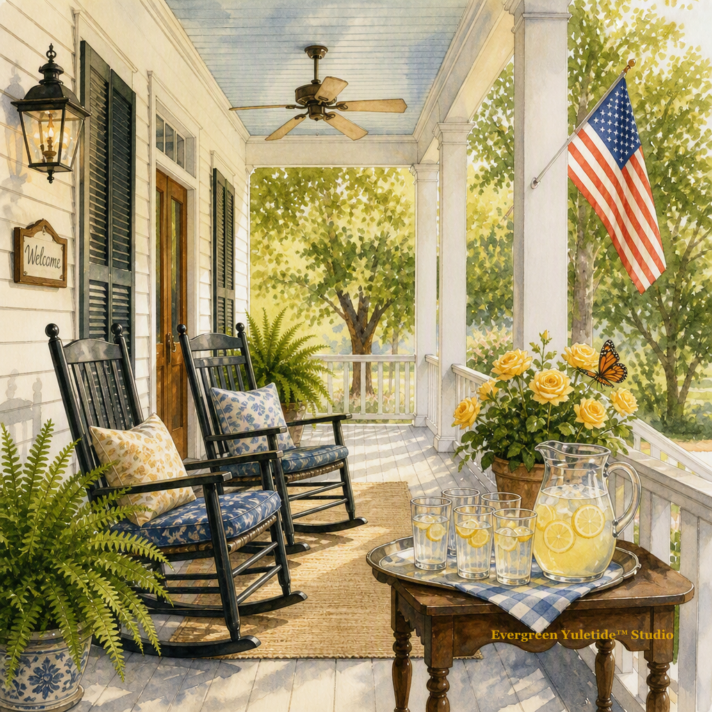 Cozy, white front porch with two rocking chairs by the front door. A welcome sign and porch light attract frequent visitors. The American flag proudly waves from a pole attached to a porch post. Nice ice water with lemon slices await every visitor. Yellow roses complete with a visiting butterfly compliment the scene