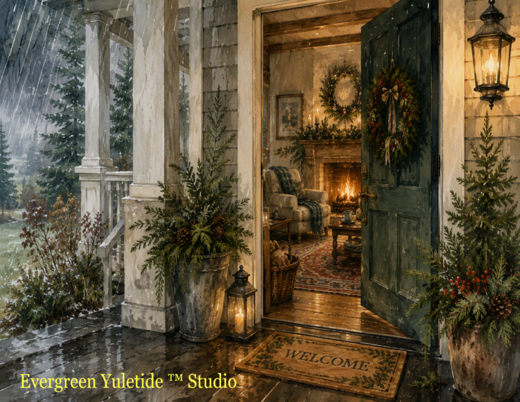 Welcoming front porch with the front door a jar. Sent it in the distance as a fireplace, comfortable chair and a warm blanket. The welcome mat is in front of the door. On either side is a small Evergreen tree. There is a wreath on the front door, as well as one on the wall above the fireplace. It is a windy, rainy, early autumn day. The front porch with the door a jar backs all to enter and be friends.