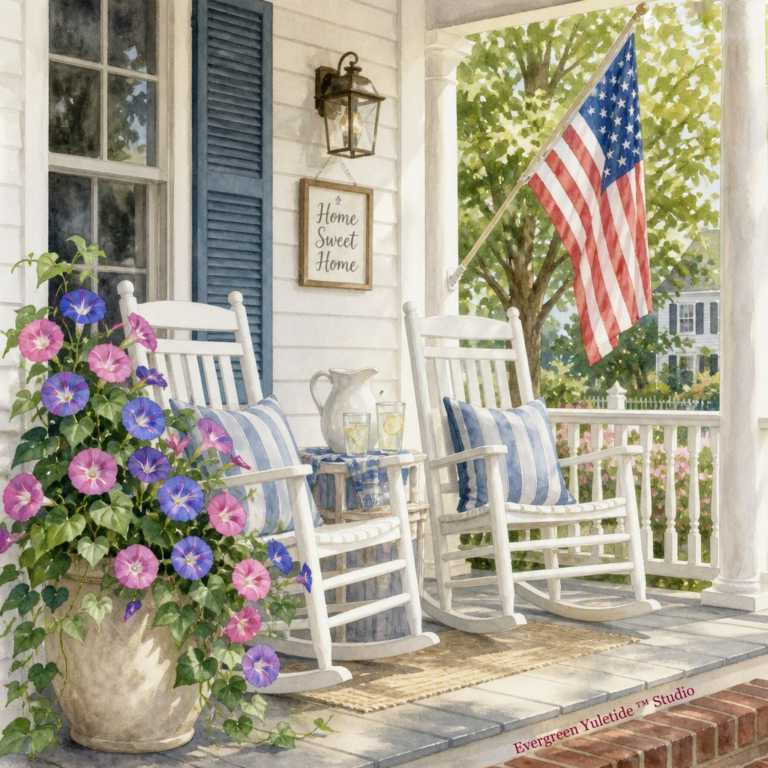 two white rocking chairs on a front porch . Pitcher of ice water and glasses on a table. American flag on a porch mounted pole. Flower container with pink and purple morning glory flowers