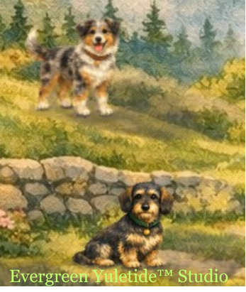 Blue Merle Collie on grassy valley hill with a wired hair dachshund standing next to a stone wall