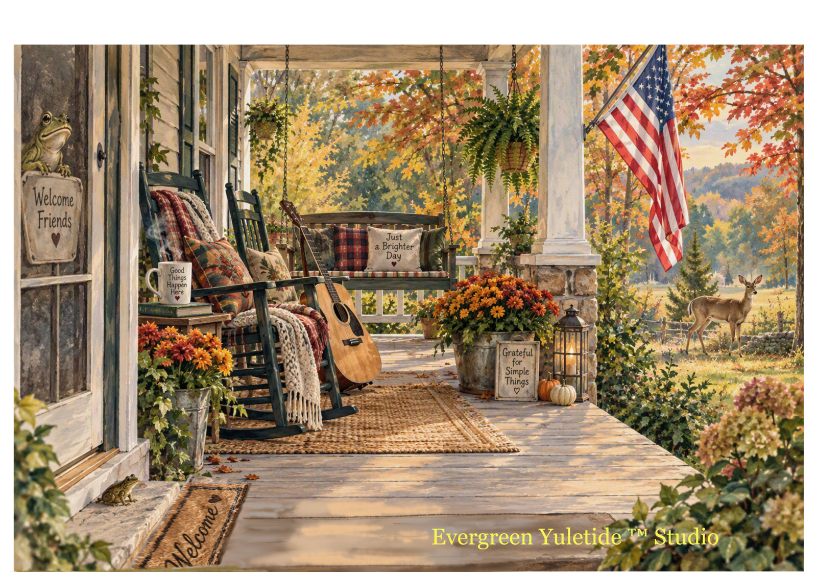 Autumn front porch with two rocking chairs and a porch swing. The United States flag is on a post mounted pole. There is an acoustic guitar leaning next to one chair. There is a small frog on the front step and a deer standing in the yard.