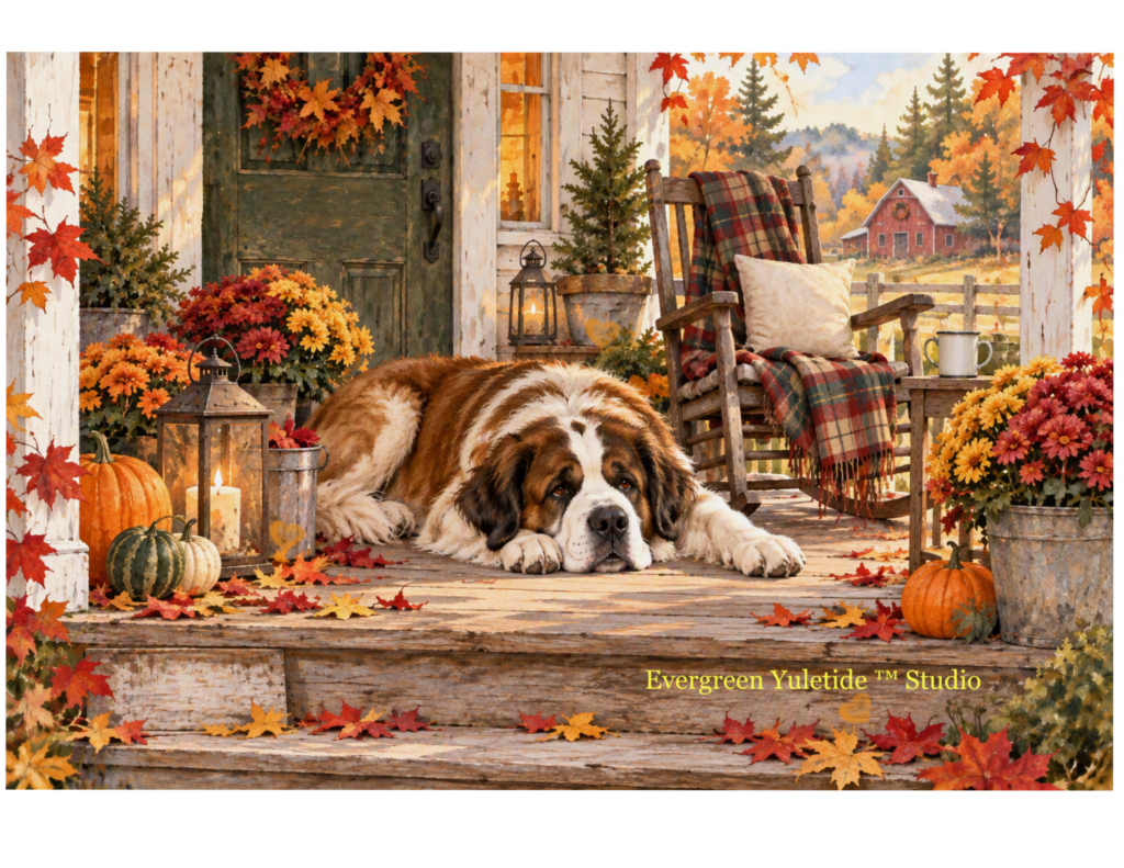 Autumn Front Porch, warm inviting scene, large St. Bernard dog lying on porch floor, rocking chair with plaid blanket and many autumn items.