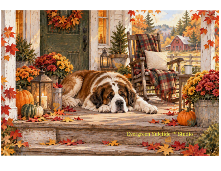 Autumn Front Porch, warm inviting scene, large St. Bernard dog lying on porch floor, rocking chair with plaid blanket and many autumn items.