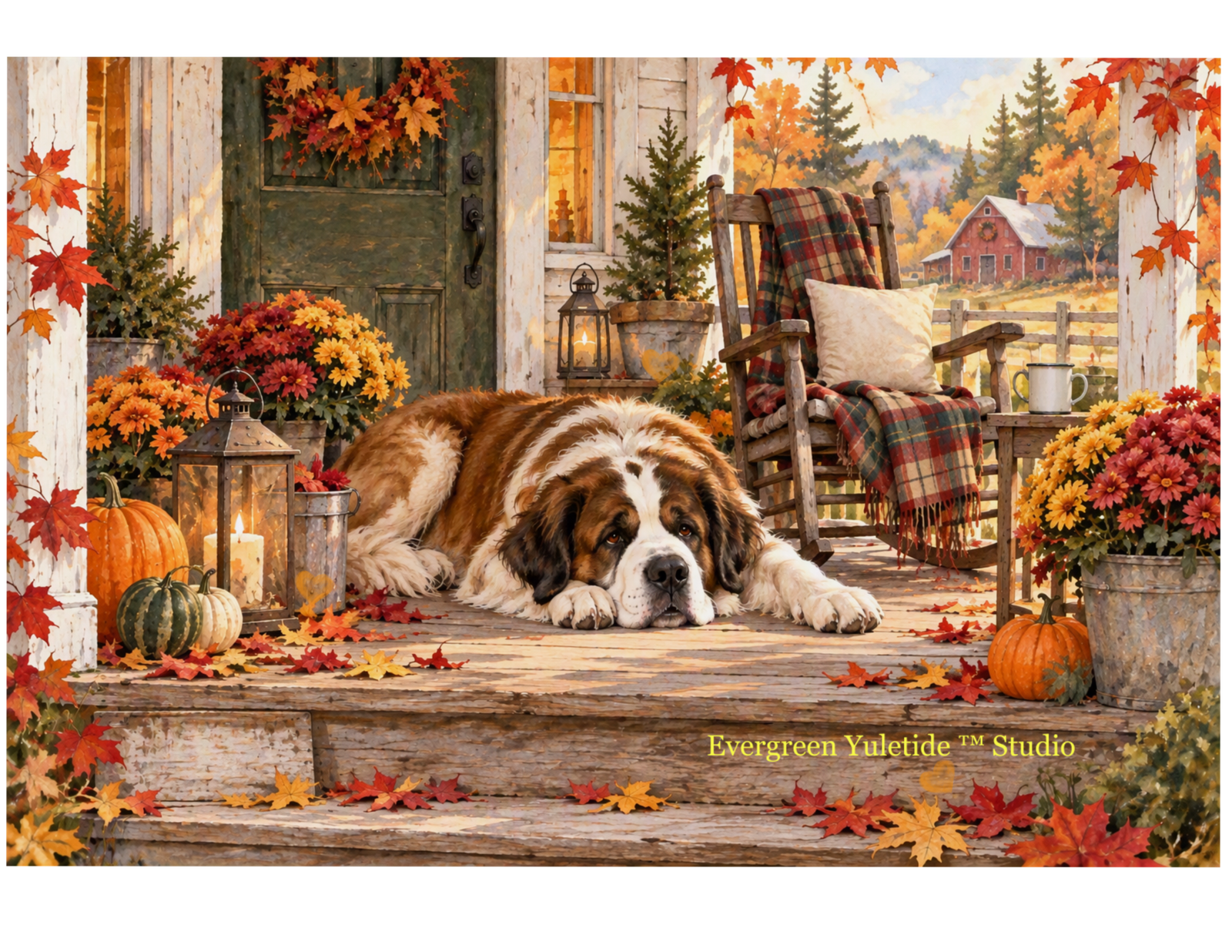 Autumn Front Porch, warm inviting scene, large St. Bernard dog lying on porch floor, rocking chair with plaid blanket and many autumn items.