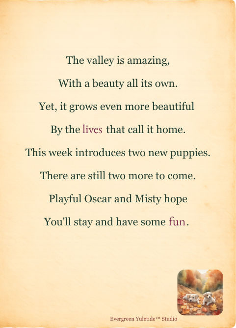 Parchment Story Card with week #24 verse. Includes to generic puppies in an autumn valley scene
